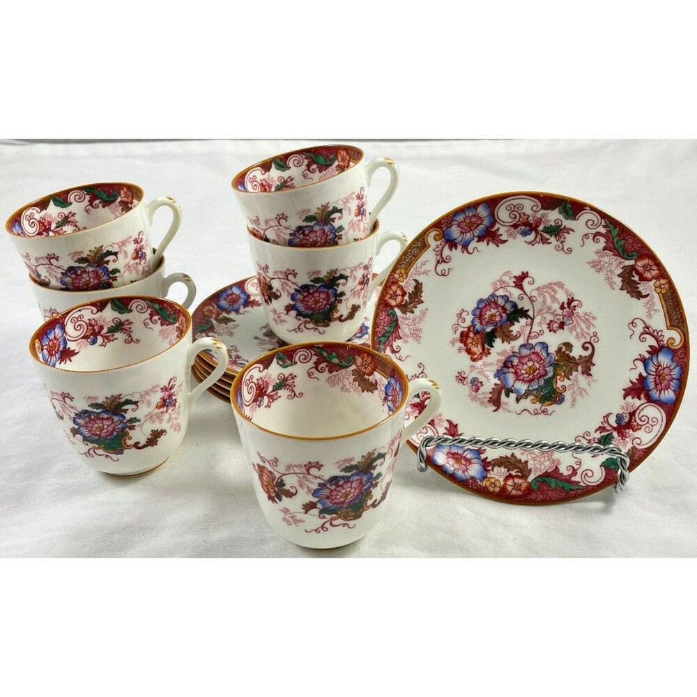 Cauldon Demitasse Tea Cup & Saucer Floral 12 PC Set Red Blue Hand Painted VTG